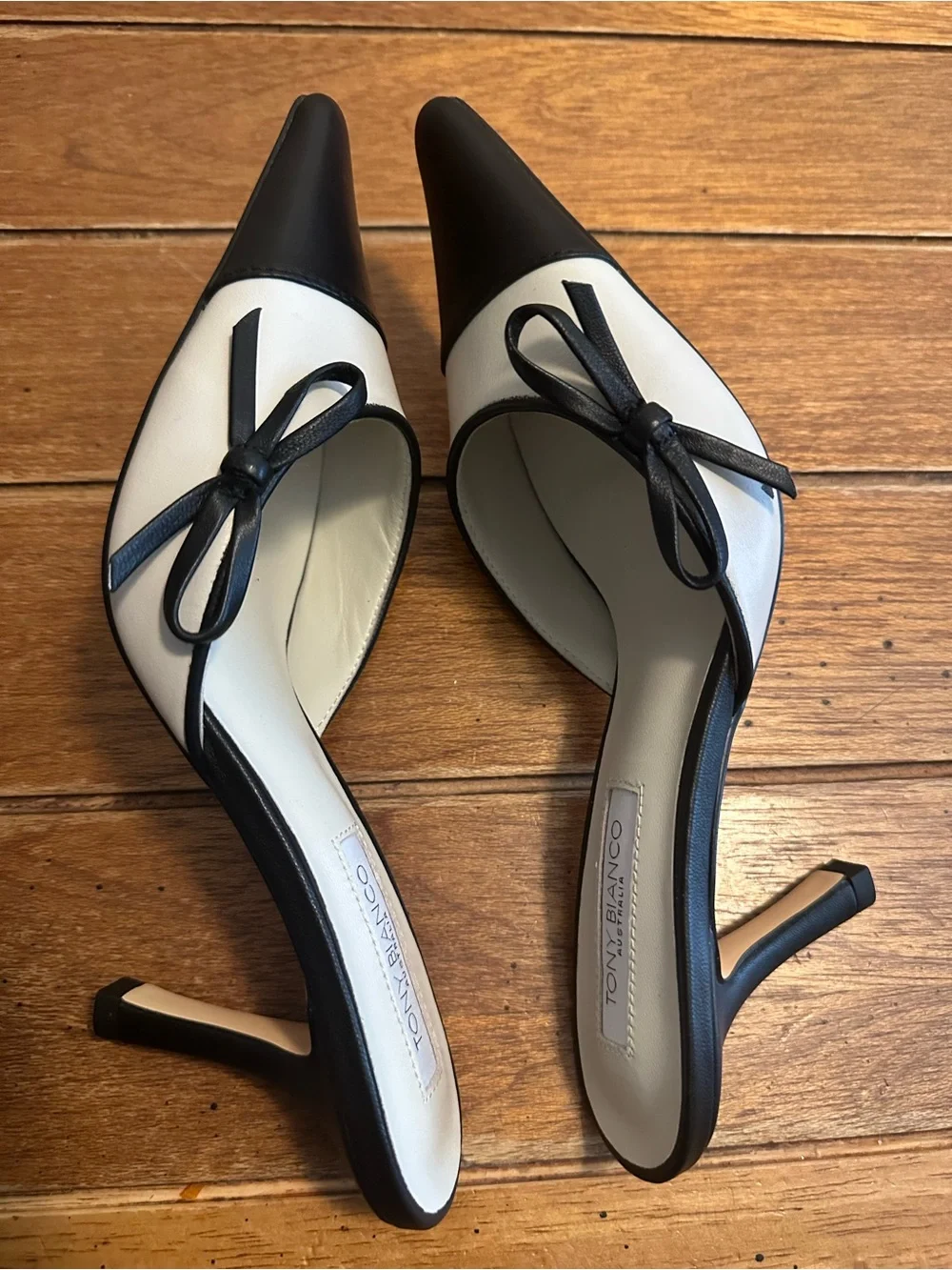 Tony Bianco Two-Tone Pointed Toe Mules in Black & Cream